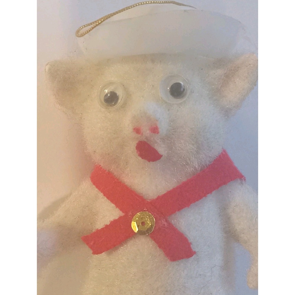 Vtg Flocked Pig Country Christmas Ornament Cowboy Hat Googly Eyes Kitsch Fuzzy